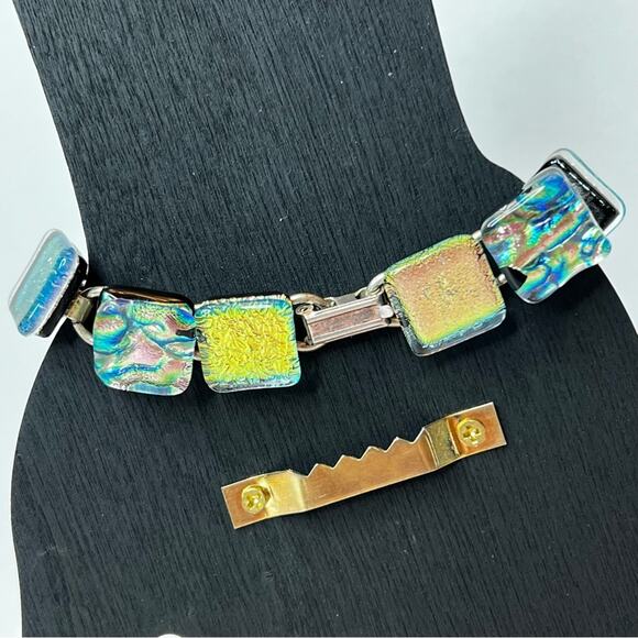 Multicolor Handmade Artisan Art Dichroic Glass Bracelet 6.25" - Picture 2 of 3